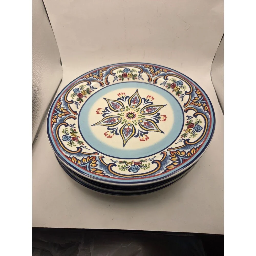 Set of 4 Euro Ceramica Zanzibar 11” Round Dinner Plates Floral Roses Ceramic